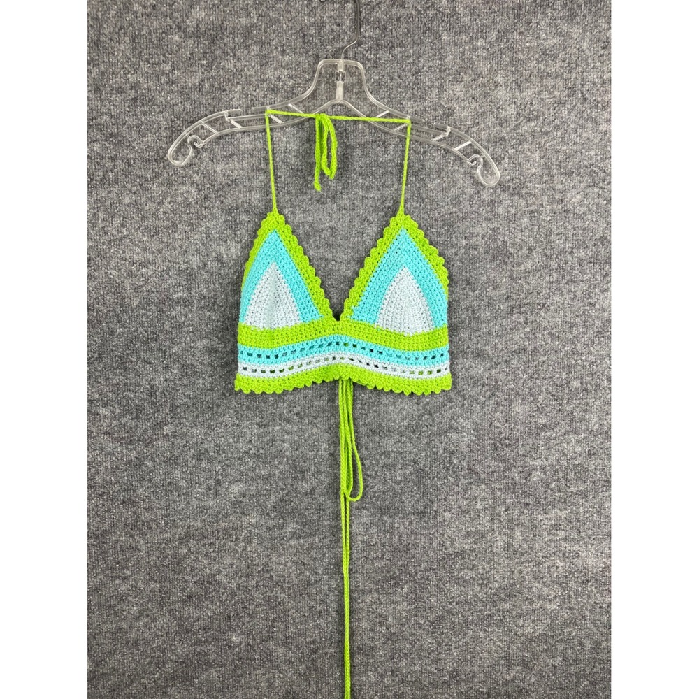 Crochet Halter Top Women's Small Green Blue Good Festival Boho Hippie